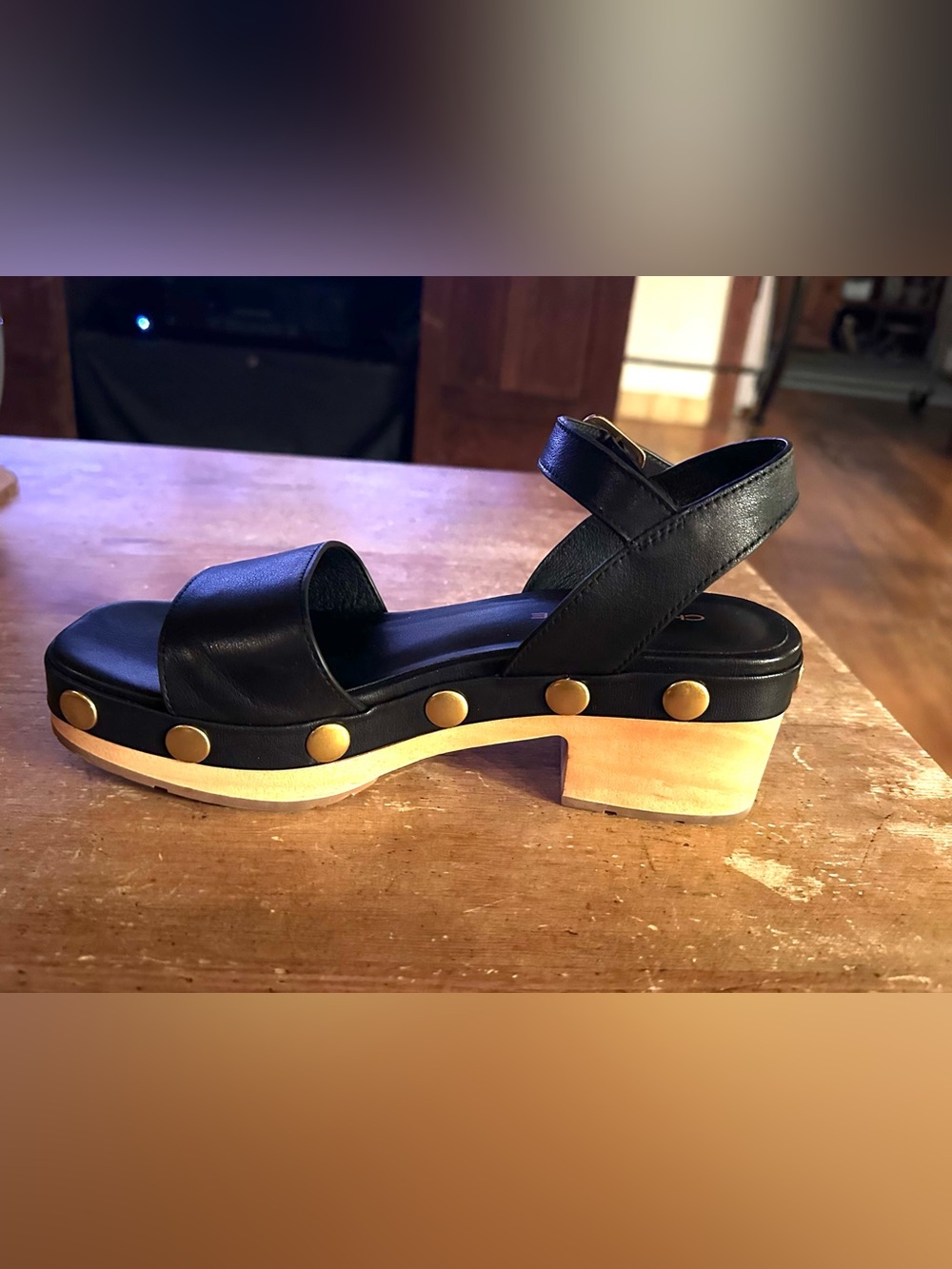 CHARLOTTE STONE “Allie” Clog Sandals. Soft, Black Leather, Brushed Gold Studs. - Picture 5 of 10